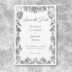 Antike Schwarz-Weiß-Tapete Florale Hochzeit Save The Date
