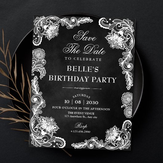 Antike Schwarz-weiße Spitze Save The Date