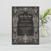 Antike schwarze barock gotische Bogenhochzeit Save The Date (Stehend Vorderseite)