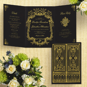 Antike Schwarze Gold Stimmungsvolle Elegante Tor H Dreifach Gefaltete Einladung