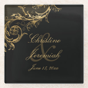 Antike schwarze goldene Blumen-Damask-Schrift Hoch Glasuntersetzer