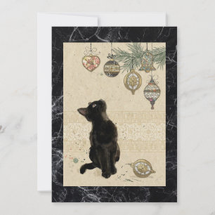 Antike schwarze Marmorkatze, die Ornamente betrach Feiertagskarte