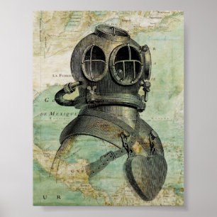 Antike Seekarte mit Tauchen-Sturzhelm-Plakat Poster
