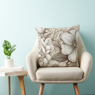 Antike Sepia-Blumensticherei Elfenbein Kissen