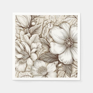 Antike Sepia-Blumenstichzeichnung Elfenbein Serviette