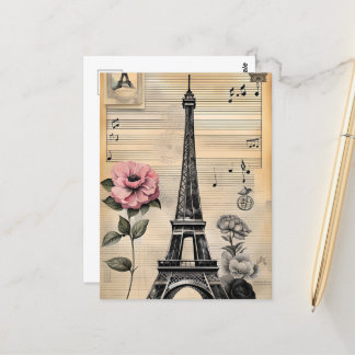 Antike Sepia-Eiffelturm & rosa Blume Postkarte
