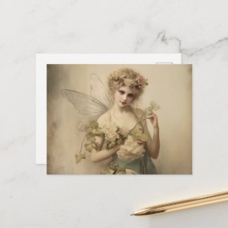 Antike Sepia-Fee & Blumen Postkarte