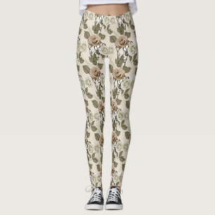 Antike Sepia-Rosen mit grünen Blättern im Vintage- Leggings