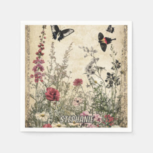 Antike Sepia-Wildblumenwiese-Schmetterling Serviette