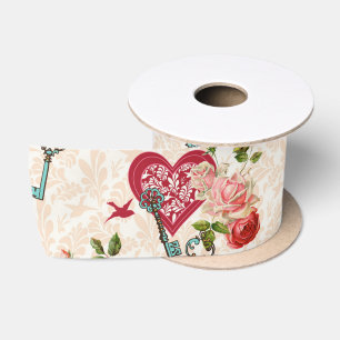 Antike Shabby Chic rote Rosen und Schlüssel zu mei Satinband