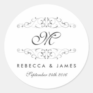 Antike Silber-Schwung-Monogramm-Hochzeitsaufkleber Runder Aufkleber