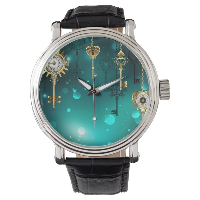 Antike Skeleton Keys on Green Background Armbanduhr (Vorderseite)