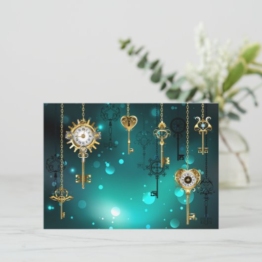 Antike Skeleton Keys on Green Background Dankeskarte (Stehend Vorderseite)