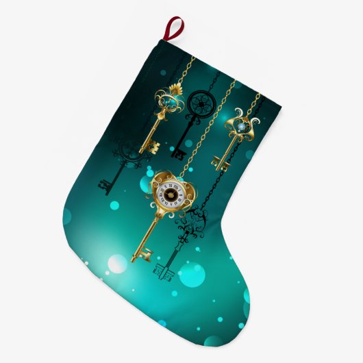 Antike Skeleton Keys on Green Background Großer Weihnachtsstrumpf (Vorderansicht (hängend))