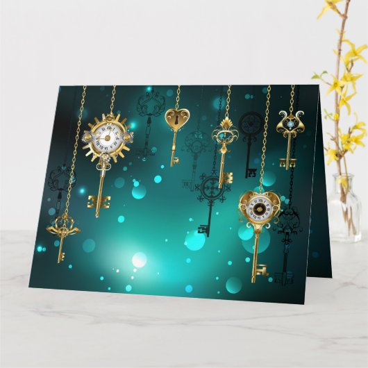 Antike Skeleton Keys on Green Background Karte (Gelbe Blume)