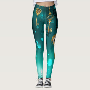 Antike Skeleton Keys on Green Background Leggings