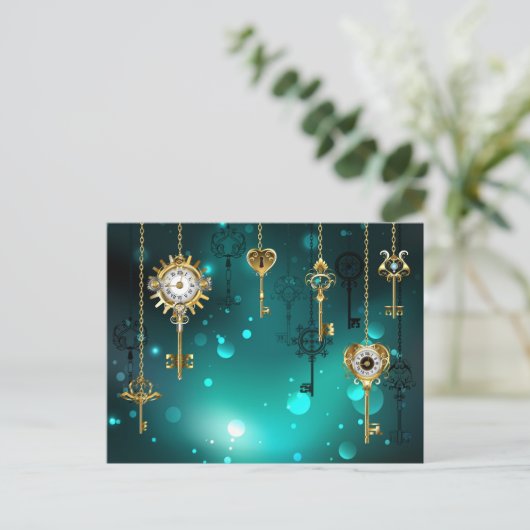 Antike Skeleton Keys on Green Background Postkarte (Stehend Vorderseite)