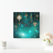 Antike Skeleton Keys on Green Background Quadratische Wanduhr (Zuhause)