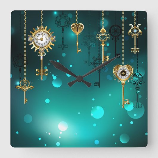 Antike Skeleton Keys on Green Background Quadratische Wanduhr (Vorderseite)