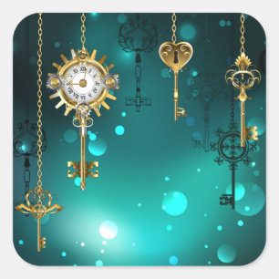 Antike Skeleton Keys on Green Background Quadratischer Aufkleber