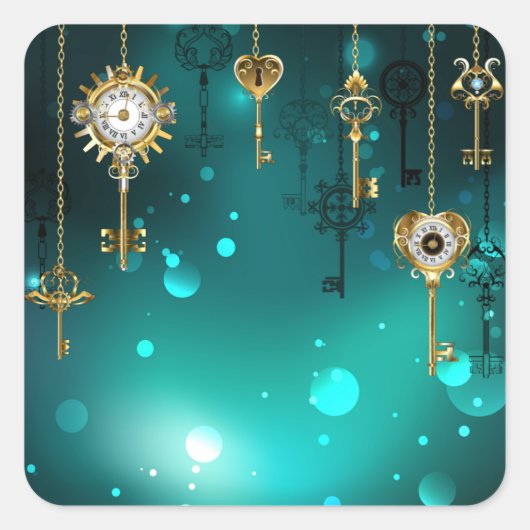 Antike Skeleton Keys on Green Background Quadratischer Aufkleber (Vorderseite)