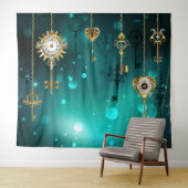 Antike Skeleton Keys on Green Background Wandteppich (Beispiel (Horizontal))