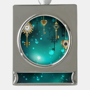 Antike Skelettschlüssel auf grünem Hintergrund Banner-Ornament Silber