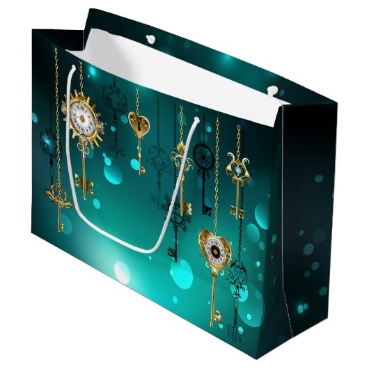 Antike Skeletttasten auf grünem Hintergrund Große Geschenktüte (Vorderseite Schrägansicht)