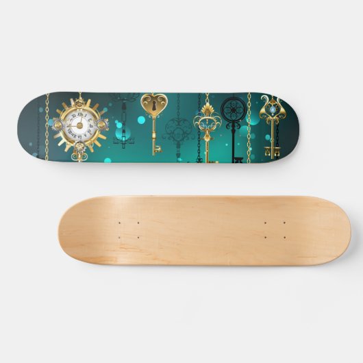 Antike Skeletttasten auf grünem Hintergrund Skateboard (Horizontal)