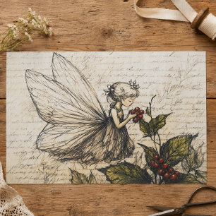 Antike Skizze Fee mit Stechpalme und Beeren Seidenpapier