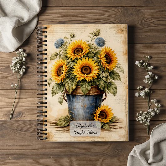Antike Sonnenblumen in rustikalem Eimer Notizblock
