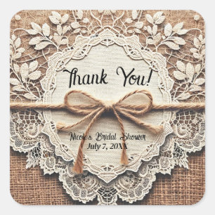 Antike Spitze & Jute Garn Landhochzeit Brautparty Quadratischer Aufkleber