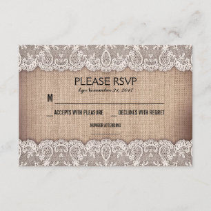 antike Spitze und rustikale Leinwandhochzeit RSVP Karte