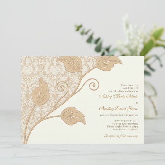 Antike Spitzen und Blätter Einladung Hochzeit (Stehend Vorderseite)