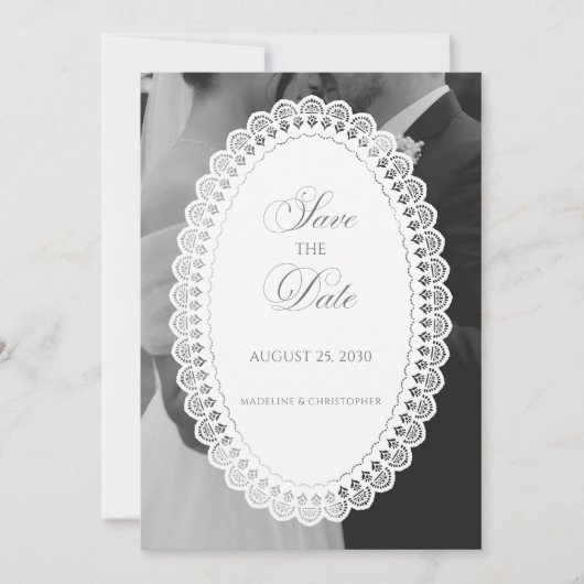 Antike Spitzendeckchen-Foto-Hochzeit Save The Date (Vorderseite)