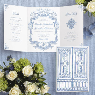 Antike Staubblaue Elegante Tor Hochzeit Dreifach Gefaltete Einladung
