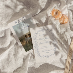 Antike staubblaue Fotografie altes Geld Rust Hochz Save The Date