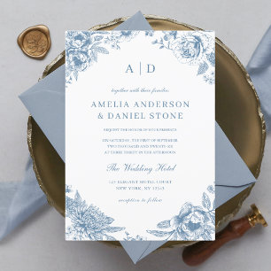 Antike staubblaue Garten-Monogramm-Hochzeit Einladung