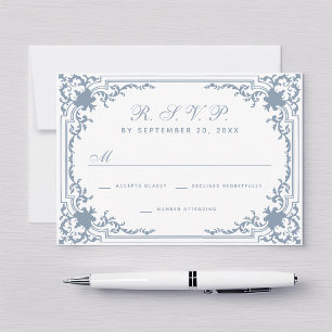 Antike Staubblaue Schrift Elegante Weiße Hochzeit RSVP Karte
