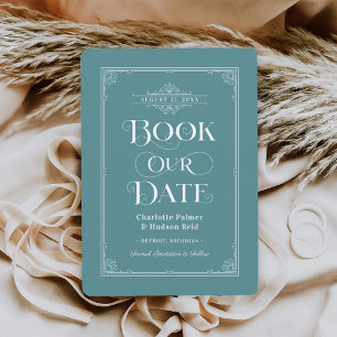 Antike staubige Teal-Buchcover-Hochzeit Save The Date