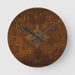 Antike Steampunk-Kompassrose & alte Weltkarte Runde Wanduhr