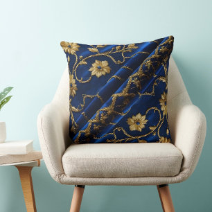 Antike Stickerei-Optik Blaue Goldene Blumen Kissen