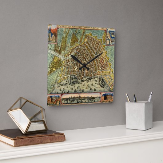 Antike Straßenkarte Amsterdam, Niederlande Quadratische Wanduhr (Büro)