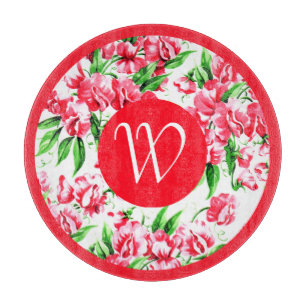 Antike Süße-Erbsen-Blumen mit Rand und Monogramm Schneidebrett