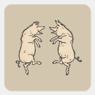 Antike tanzende Schweine: Whimsical Vintage Piggy Quadratischer Aufkleber