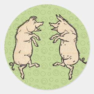 Antike tanzende Schweine: Whimsical Vintage Piggy Runder Aufkleber