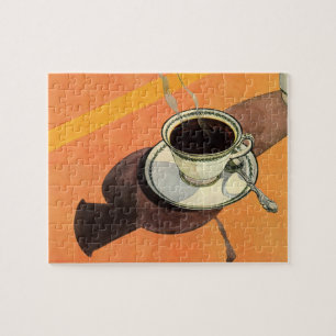 Antike Tasse Kaffee, Untertasse, Löffel, Retro-Din Puzzle