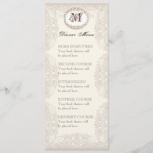 Antike Taupe-Spitze - Speisekarte oder Hochzeitsei Menükarte (Vorderseite)