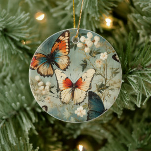Antike Teal Orange Schmetterling Weiße Blüte Keramik Ornament