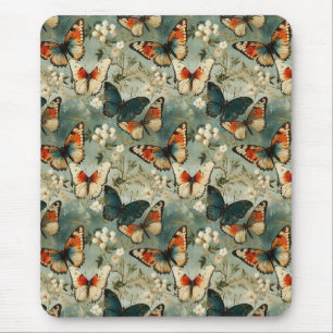 Antike Teal Orange Schmetterling Weiße Blüte Mousepad
